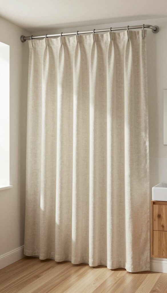Ceiling-hung neutral linen shower curtain creating a spa-like atmosphere in a bright bathroom with warm wood and matte fixtures.