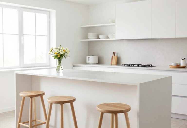 Bright kitchen with white quartz waterfall island and two light wood stools, fresh flowers on counter, natural light.