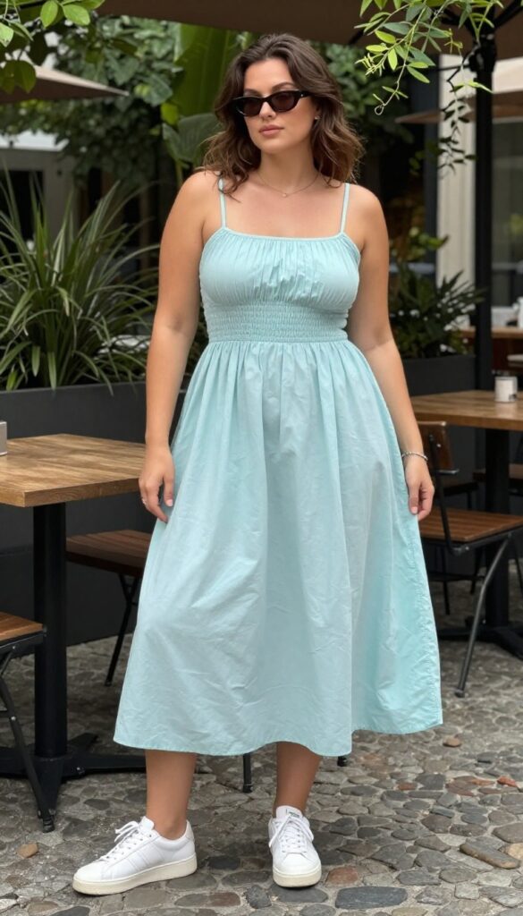 A woman wearing a breezy cotton midi dress and white sneakers for a cozy summer outfit, styled with a canvas tote bag and oversized sunglasses, in a bright outdoor setting.