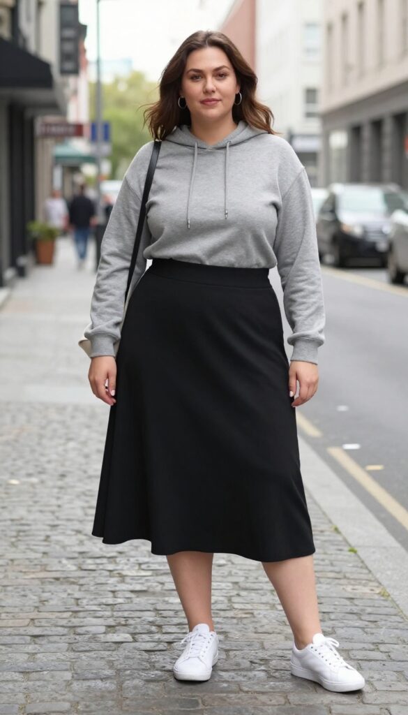 A plus-size woman wearing a black midi skirt and grey hoodie with white sneakers, walking confidently on an urban street in natural light.