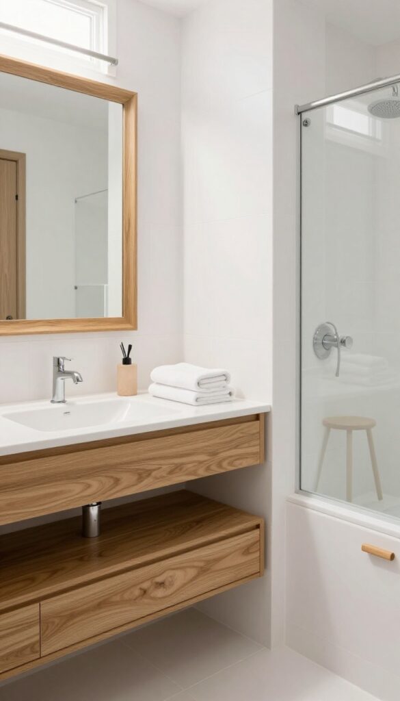 A bright all-white bathroom with natural wood accents including a mirror frame, shelves, stool, and drawer handles, showcasing warm texture against clean white surfaces.