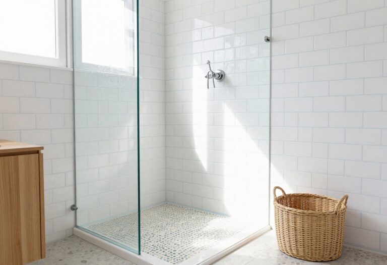 Coastal shower with white subway tile, blue grout, pebble floor, and natural wood accents