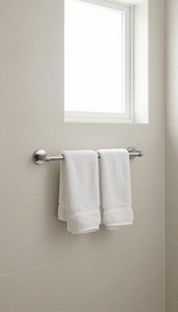 A minimalist bathroom with an integrated towel bar or hooks above the shower surround, featuring bright natural light and clean design for home decor inspiration.