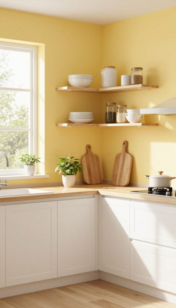 Bright kitchen with butter yellow accent wall, white cabinets, open shelving with white dishes, and natural wood accents.