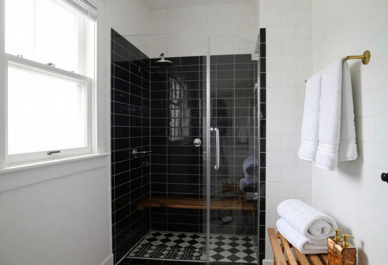 Bright bathroom with black and white checkerboard shower floor, white subway tiles, wooden bench, and brass fixtures