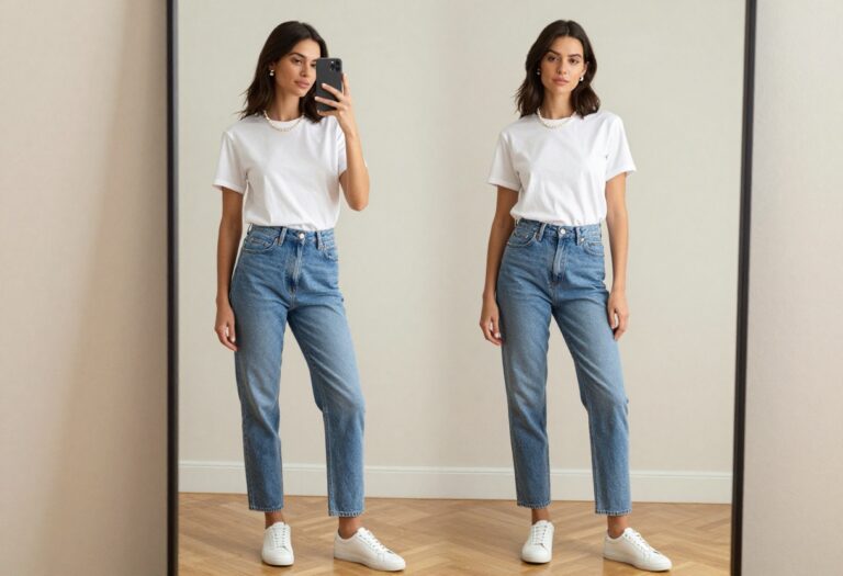 A woman in a white t-shirt, straight-leg jeans, and a pearl necklace takes a mirror selfie in a bright room, showcasing a casual yet polished outfit.