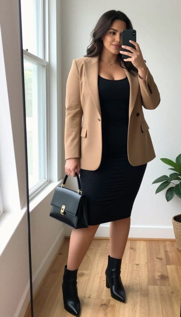 Plus-size woman in a black bodycon dress and camel blazer taking a mirror selfie for a date night outfit idea.