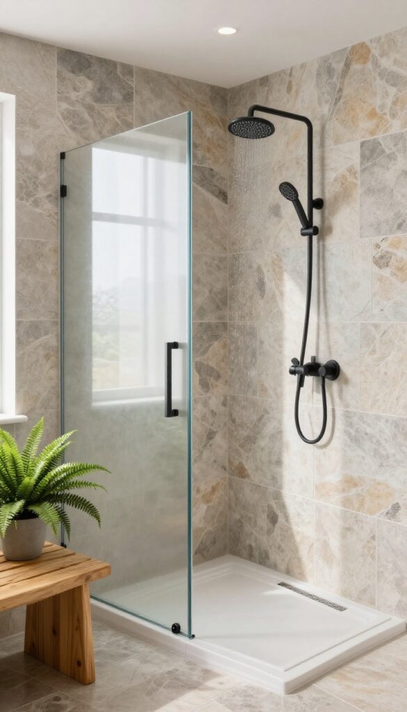Walk-in shower with natural stone tiles, teak bench, and greenery