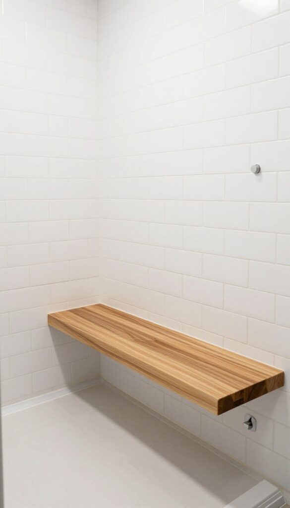 A floating bench in a walk-in shower with teak wood and white tiles, adding function and style without cluttering the floor.