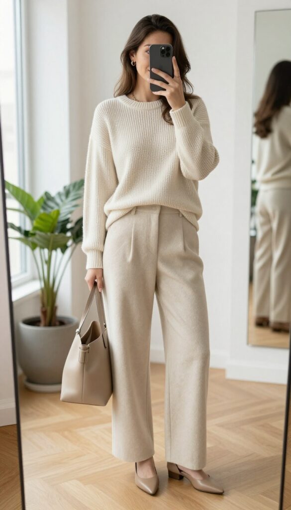 A woman takes a mirror selfie wearing a monochrome neutral outfit: cream knit sweater and wide-leg wool trousers, with nude flats and a beige tote bag, in a bright minimalist room.