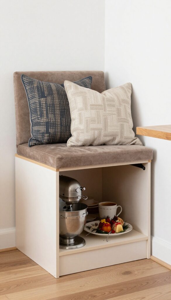 Cozy kitchen banquette with flip-top storage seats, one seat open revealing hidden storage with a stand mixer and platters, bright natural light, clean design.
