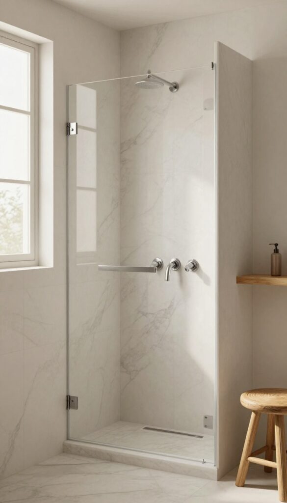 Textured matte marble walls in a walk-in shower with natural light and smooth fixtures