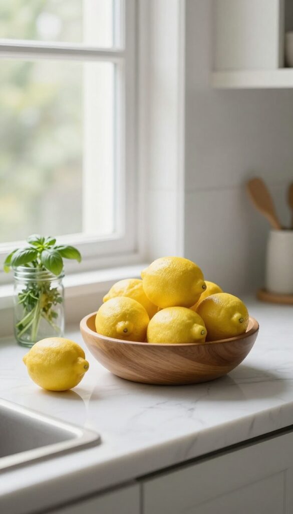 A kitchen counter with a wooden bowl of lemons and a glass jar of fresh herbs in natural light.
