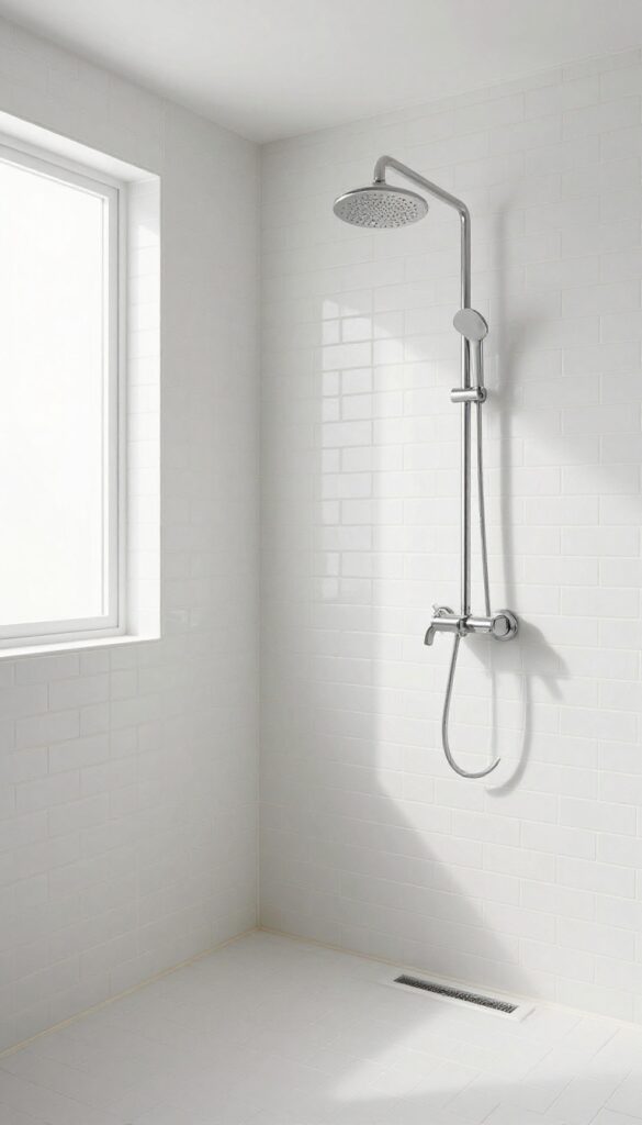 A small walk-in shower bathroom with vertical subway tile layout creating a height illusion effect.