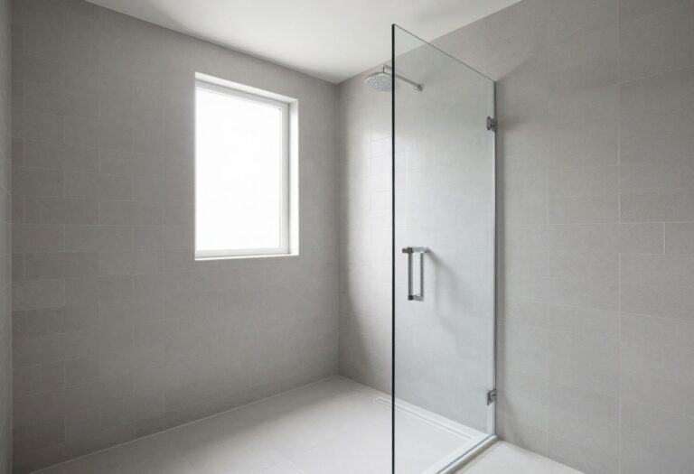 Bright bathroom with a glass tile shower in soft gray subway tiles, natural light, and a rain showerhead.