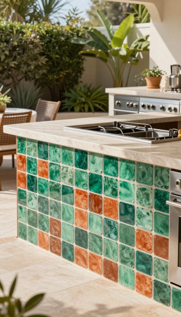 Outdoor kitchen with colorful tile backsplash behind grill