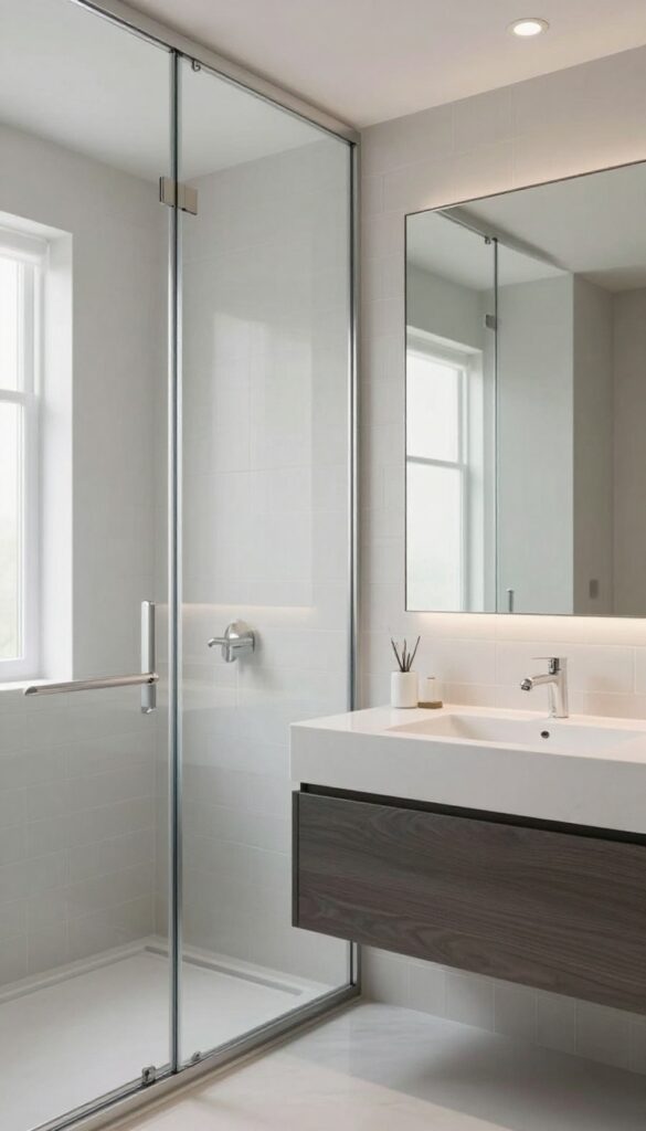 Modern bathroom with mirror adjacent to shower reflecting light