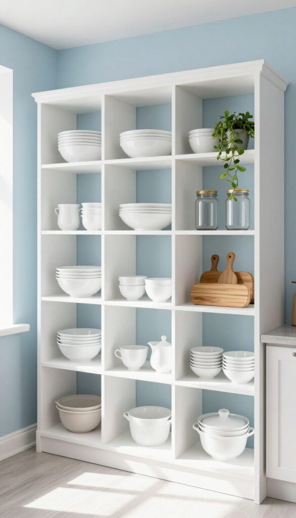 Open shelving in a bright kitchen with white dishes, glass jars, wooden boards, and a trailing plant, natural light, clutter-free countertop.