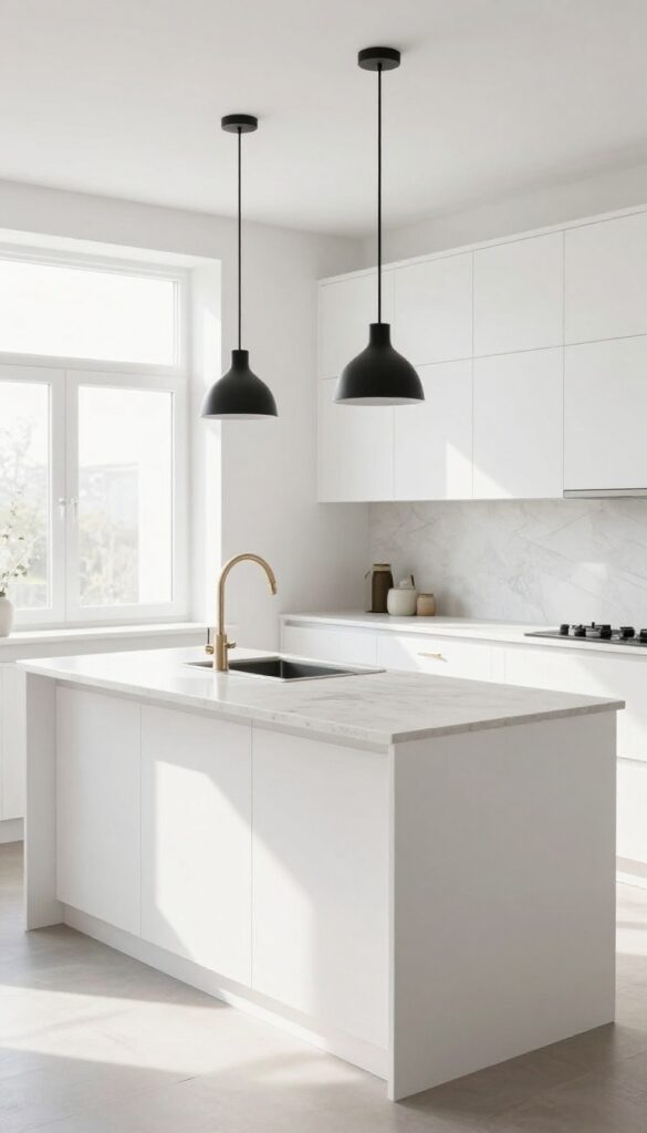 Modern minimalist kitchen with sleek white cabinets, touch-latch mechanisms, brushed nickel hardware, and natural light.