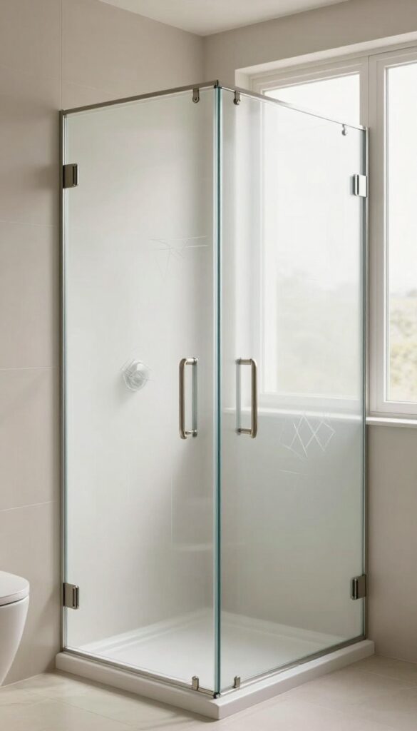 Custom-etched glass shower door with geometric pattern in a bright, minimalist bathroom