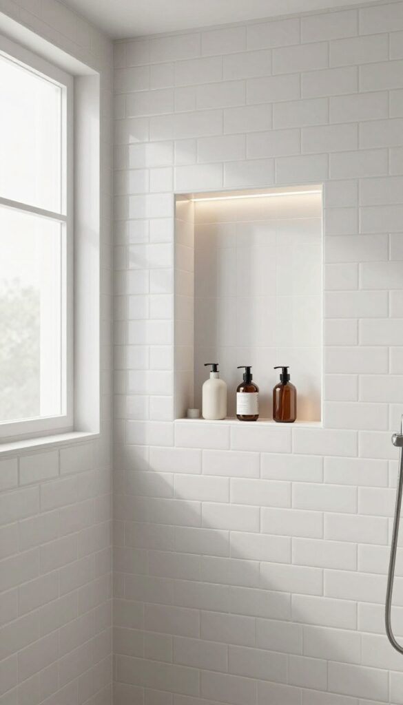 A shower with subway tile walls and a built-in niche lined with matching tiles, showcasing organized toiletries under soft lighting in a bright, clean bathroom setting.