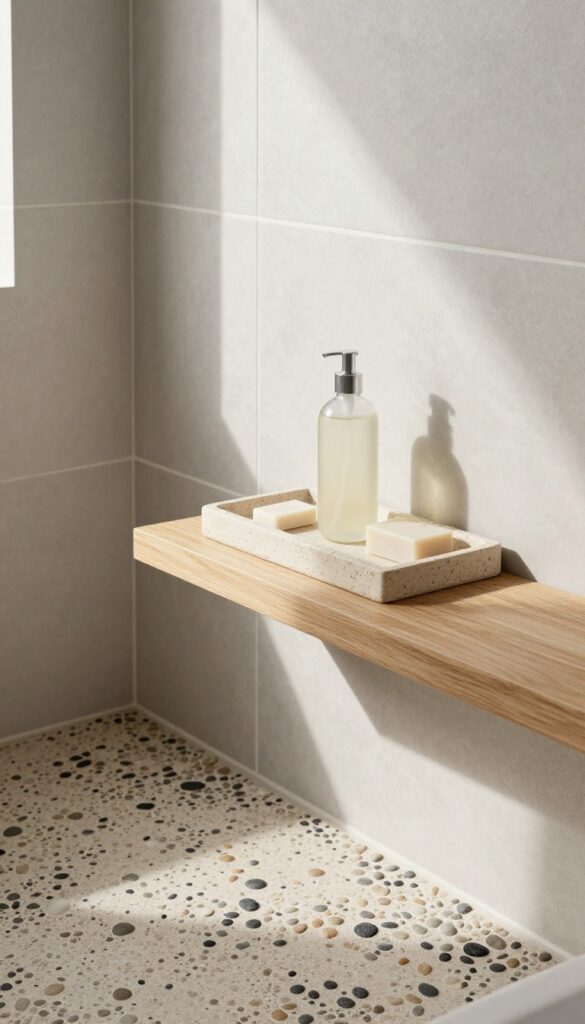 Stone tray on floating shelf in shower with pebble floor