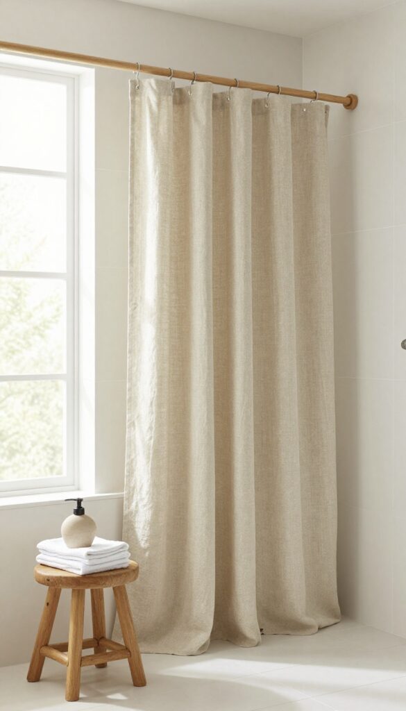 Bright bathroom with organic linen shower curtain pooling on floor, wooden rod, and earthenware accessories