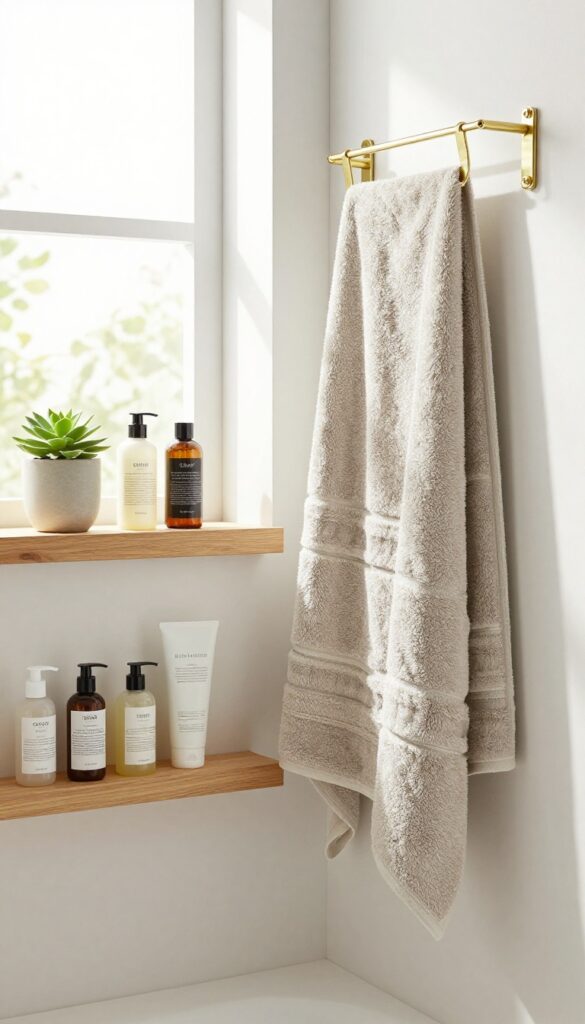 Floating wooden shelves with brass hooks in a modern bathroom, displaying toiletries and towels for dual storage.
