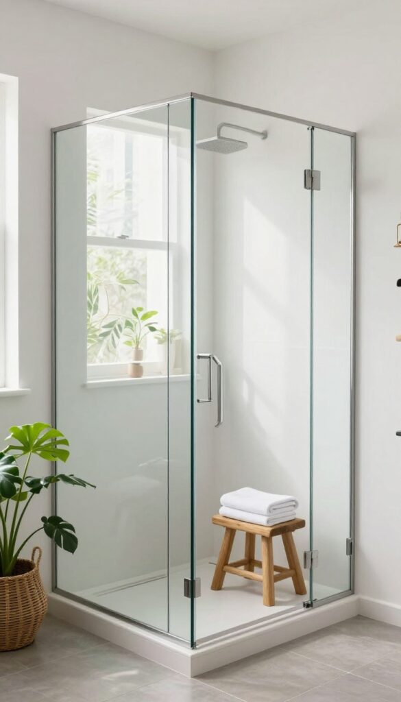 Shower screen with black metal grid pattern in a bright bathroom with wooden stool and plant.