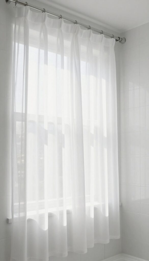 White sheer curtains in a shower window filtering soft natural light