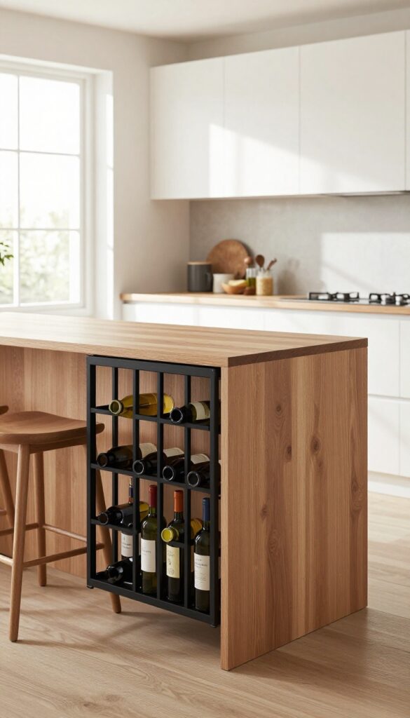 Modern kitchen island with built-in wine rack and seating, bright natural light, clutter-free countertop