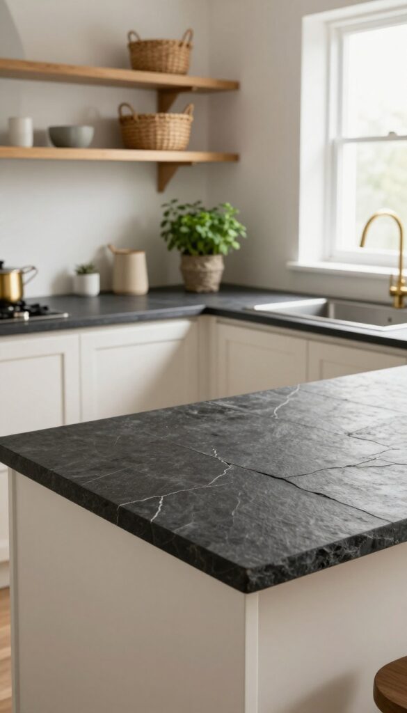Small kitchen with dark textured slate slab countertop, light cabinets, wood shelves, brass fixtures, and herbs