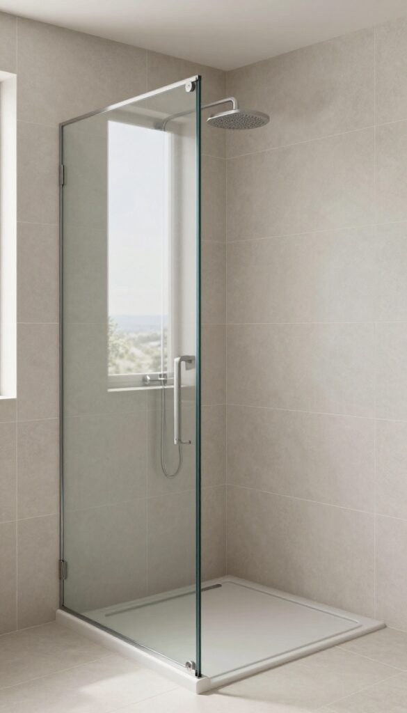 Small shower with large-format light neutral tiles and minimal grout lines