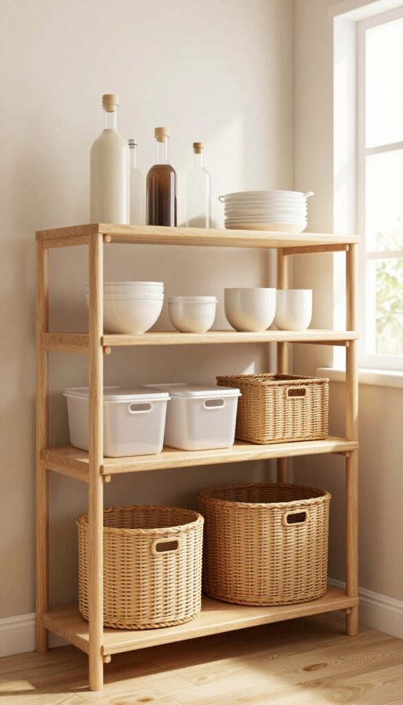 Bright kitchen pantry with warm wood adjustable shelves at varying heights, holding tall bottles and clear bins in natural light.