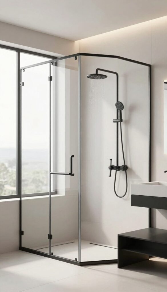 Modern bathroom with frameless glass shower enclosure and matte black fixtures in bright natural light