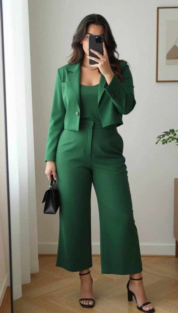 Plus-size woman in a matching emerald green co-ord set with a cropped blazer and wide-leg trousers, posing in a mirror selfie with a statement clutch and heels, natural light interior setting.