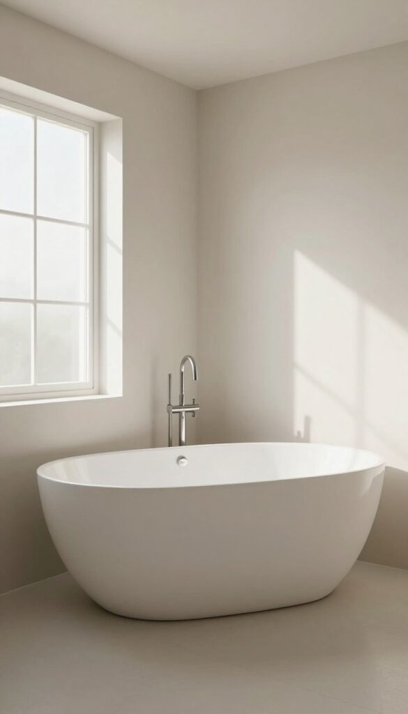 A serene bathroom featuring a freestanding bathtub as the central element, set in a bright, naturally lit space with neutral colors and clean lines to enhance relaxation.