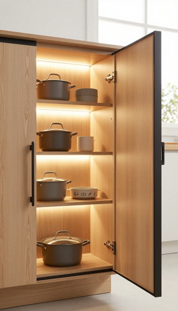Open corner kitchen cabinet with under-shelf LED lighting revealing organized pots and pans.