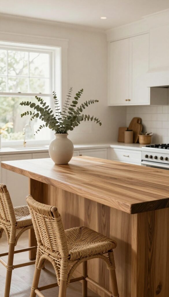 Butcher block kitchen island with woven rattan stools and eucalyptus vase