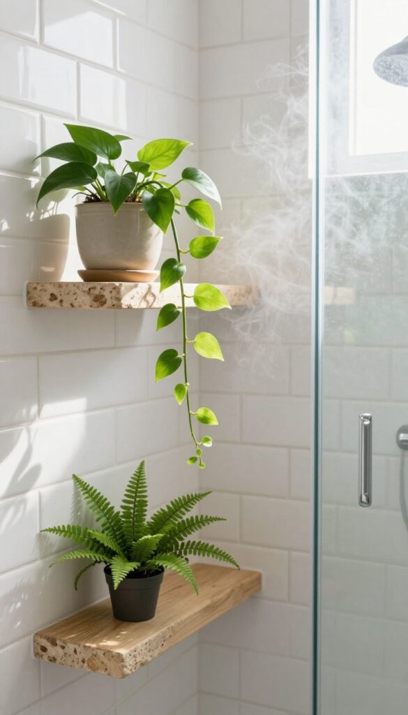 Cozy shower room with a small trailing pothos plant on a stone shelf and a fern on a wooden ledge, natural light, clean design.