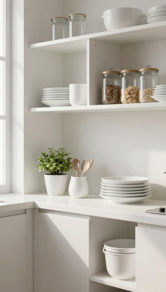 Minimalist pantry with white open shelving, glass jars, and a plant, bathed in natural light.