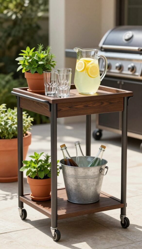 Outdoor bar cart with drinks and garnishes on a patio