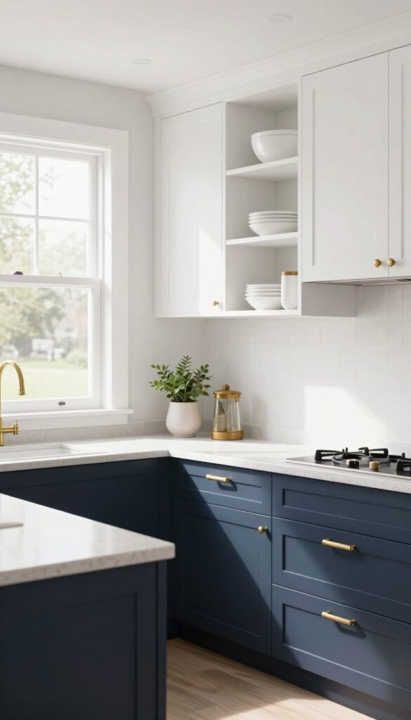 Two-tone kitchen cabinets with light upper and dark lower cabinets, natural light, modern design