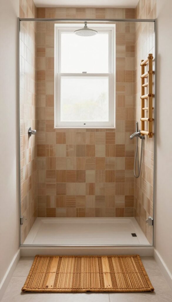 Shower with mosaic tiles and wood-look accents for a cozy balance in modern rustic style