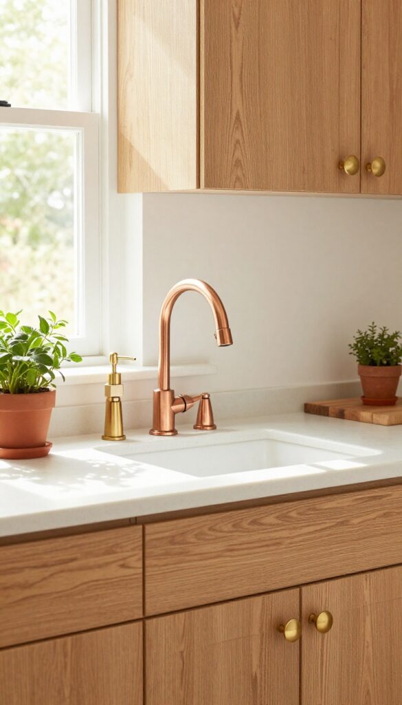 Bright kitchen with warm brass and copper fixtures, honey oak cabinets, and butcher block countertop.