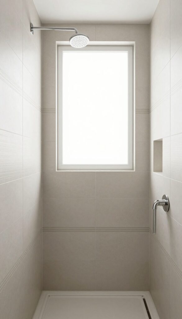 A master bathroom shower with a patterned tile accent strip on neutral tiles in bright natural light.