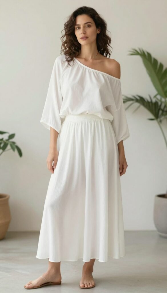 A woman wearing an off-shoulder top with a long white skirt for a summer outfit, styled with strappy sandals and accessories in a bright natural setting.