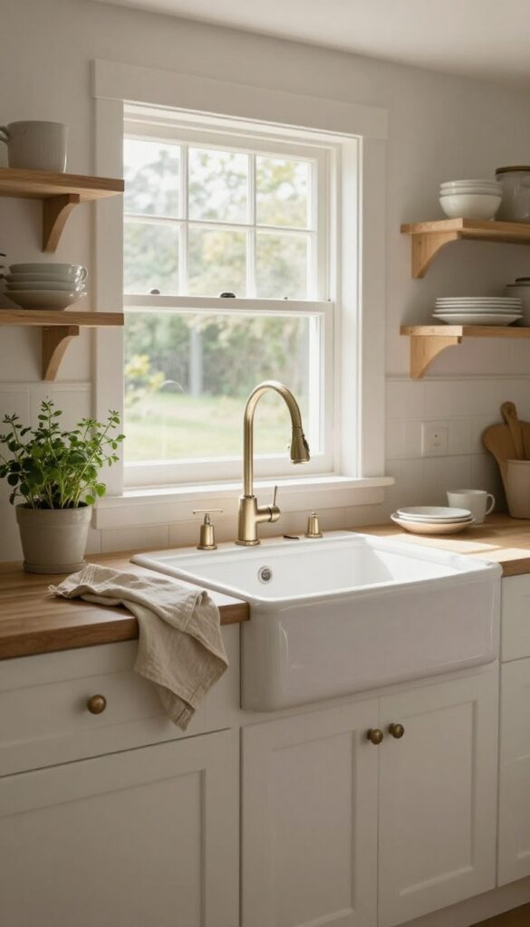 Farmhouse sink with gooseneck faucet in a bright kitchen
