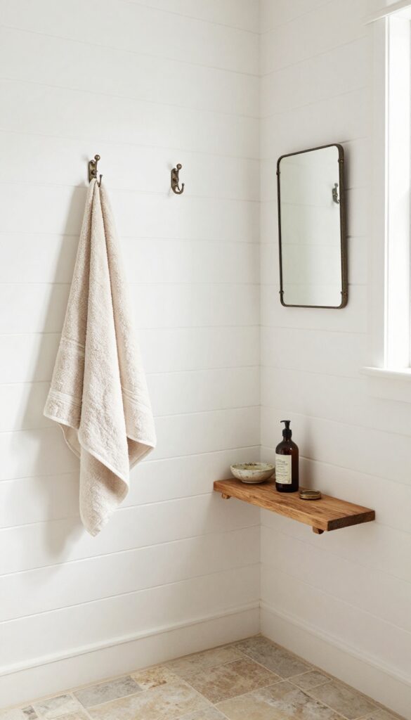Farmhouse walk-in shower with vintage details including an old mirror, antique hooks, and weathered accessories in natural light.