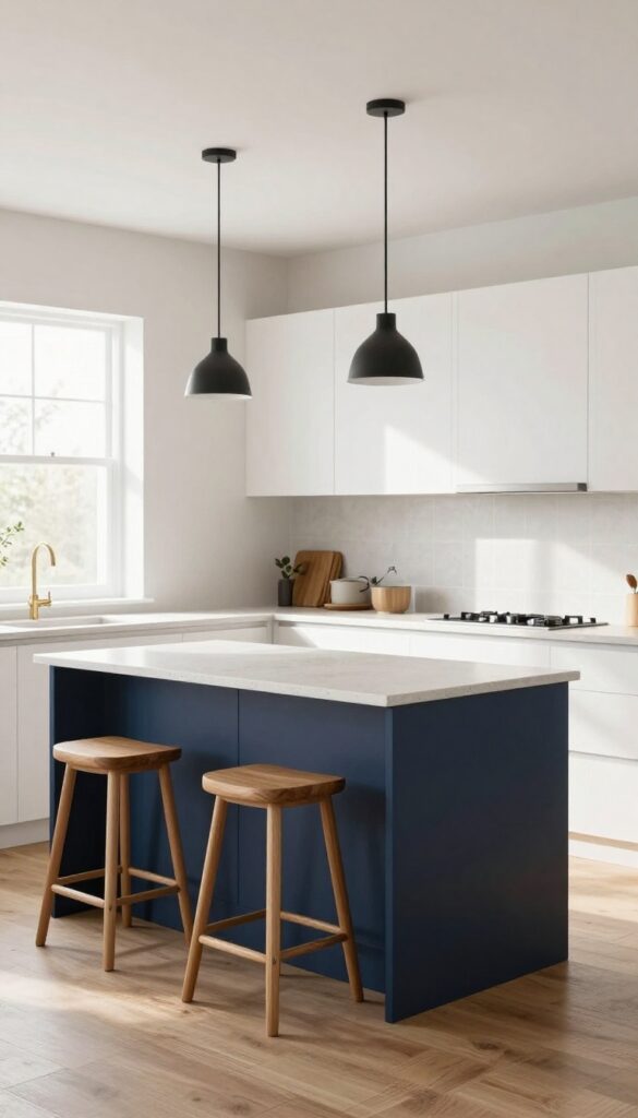 Kitchen with white cabinets and a navy blue painted island, wooden stools, and pendant light